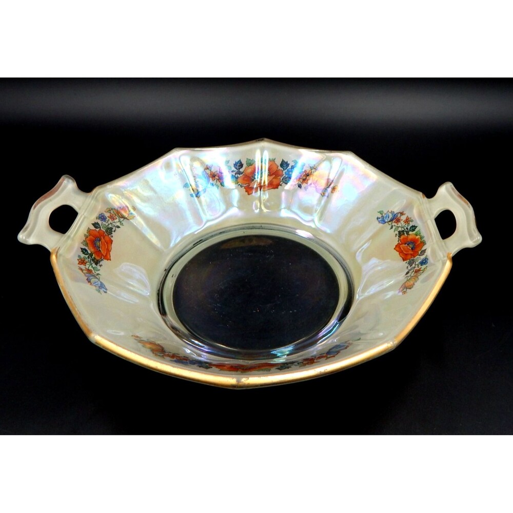 Glass Handled Serving Bowl Dish Floral Transfer Depression Glass 9 In Iridescent